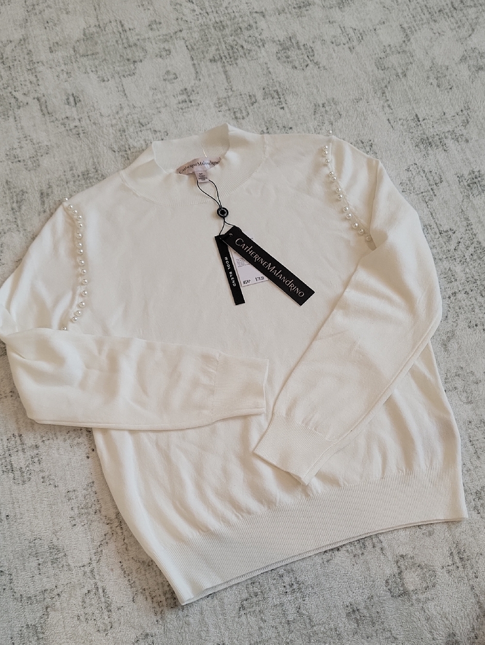 Catherine Malandrino Ivory Pearl-Embellished Turtleneck Sweater